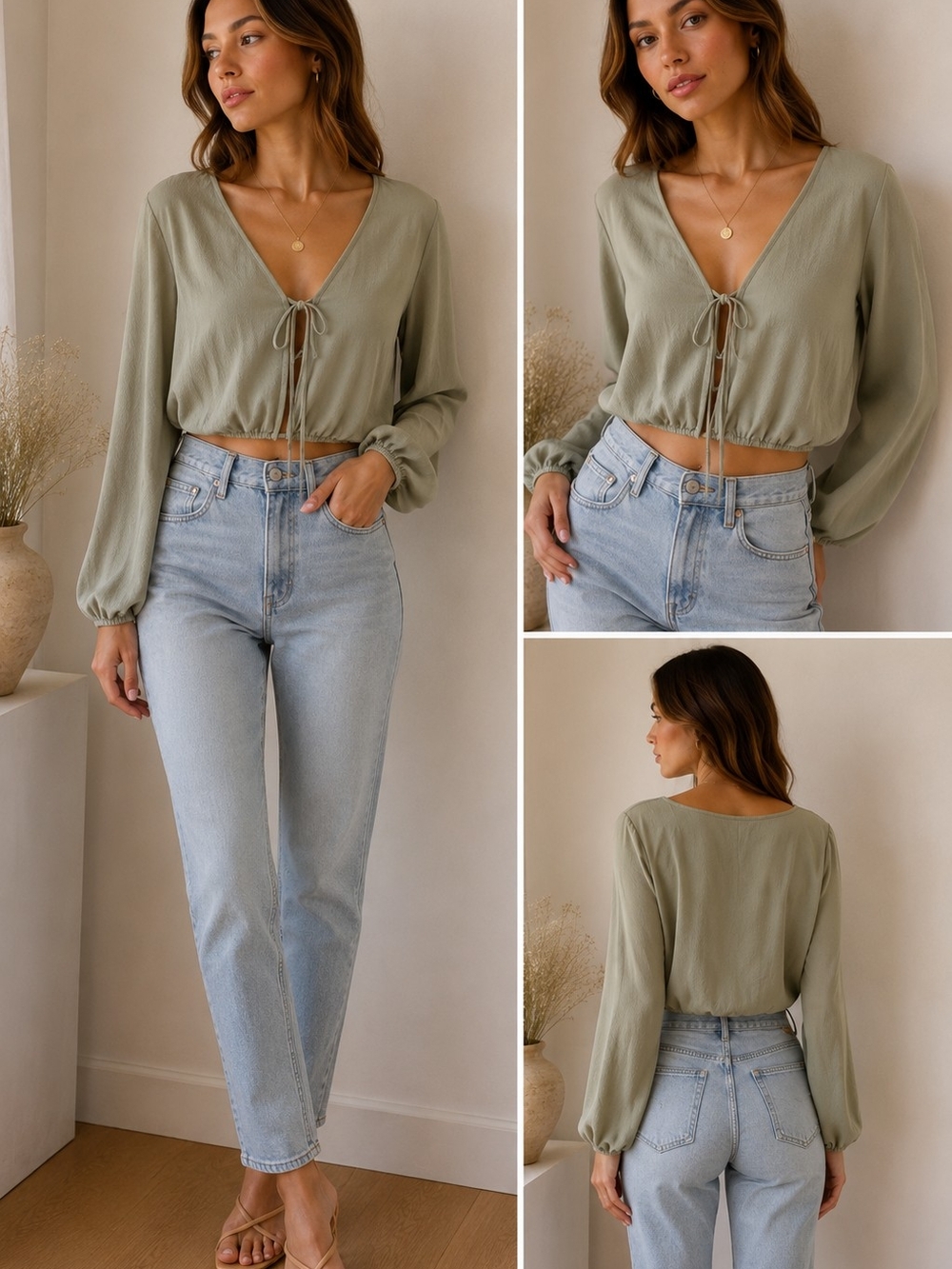 Tie-Front V-Neck Long Sleeve Crop Top — Sage Green